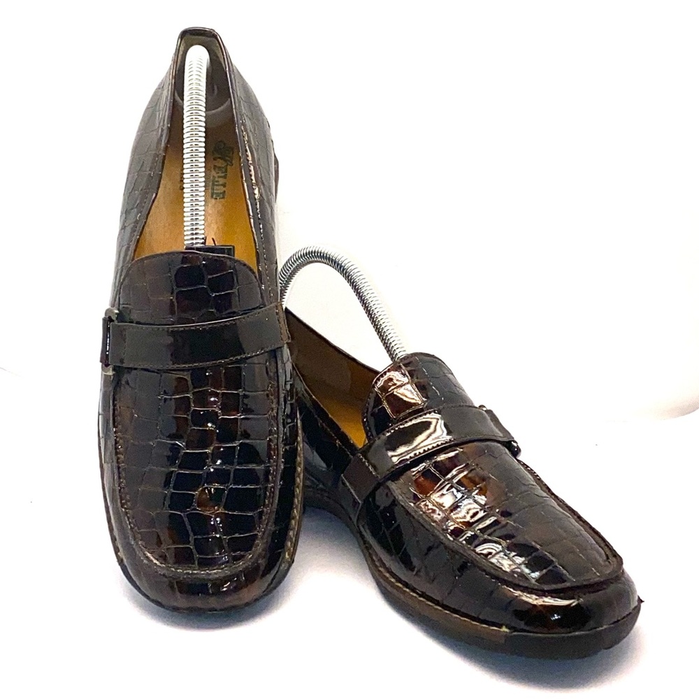 Helle Comfort By Remu’s 2 Tone Brown Reptile Print Patent Slide In Loafers Sz 40